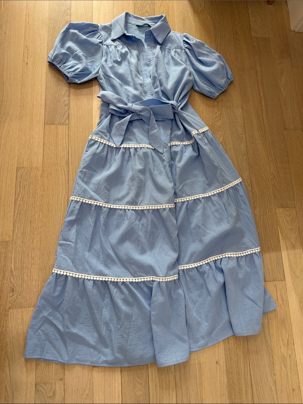 Light Blue Tiered Shirt Dress with Belt
